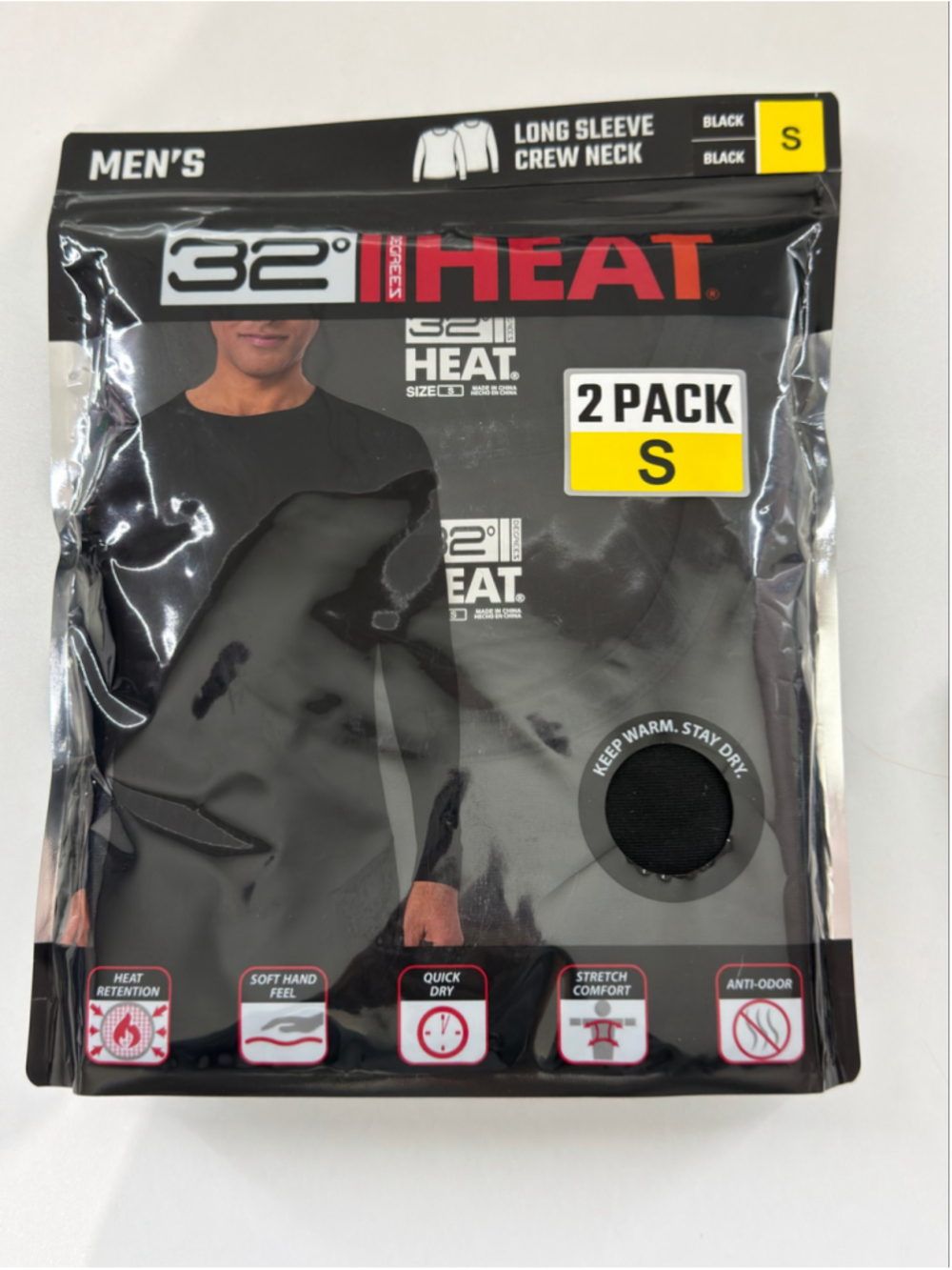 32 Degrees HEAT Men’s Small Long Sleeve Crew Neck Shirts 2-Pack Black NWT